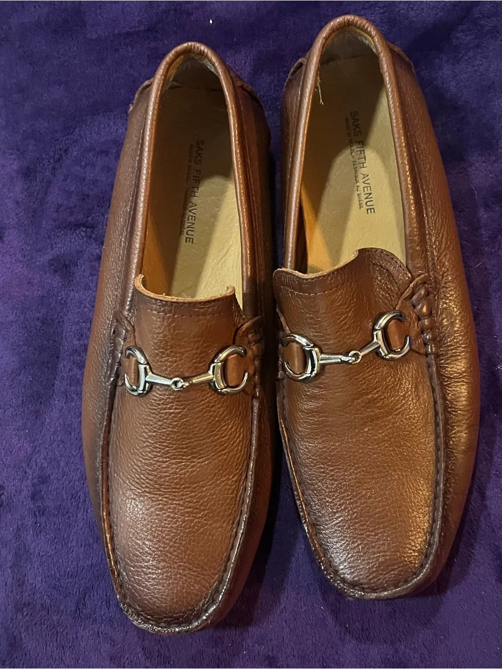Saks Fifth Avenue Brown Leather Bit Loafers with Silver Hardware